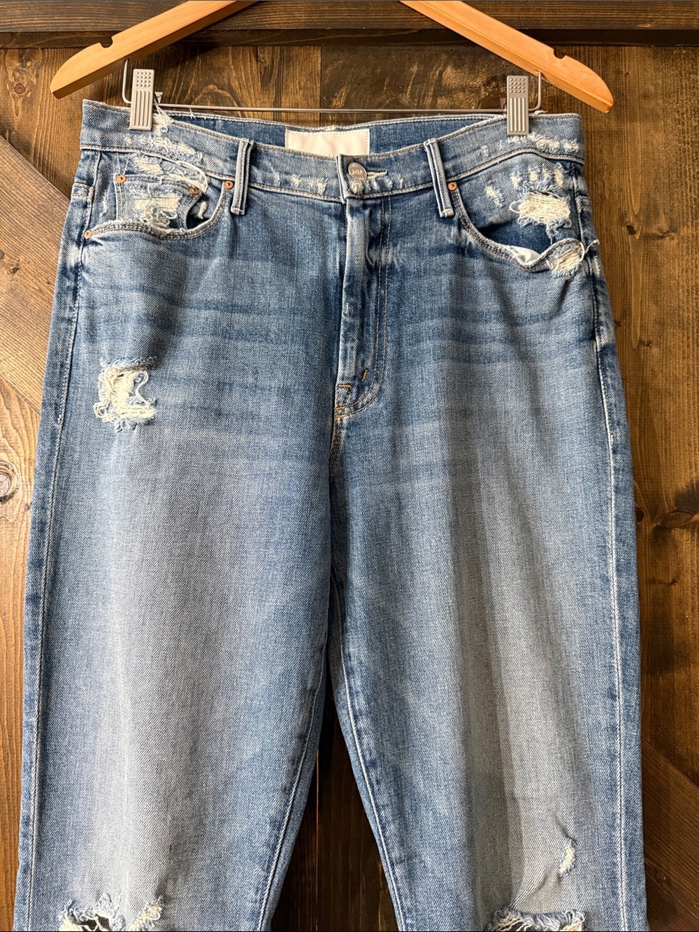 MOTHER Blue Distressed Flare Jeans - Picture 5 of 15